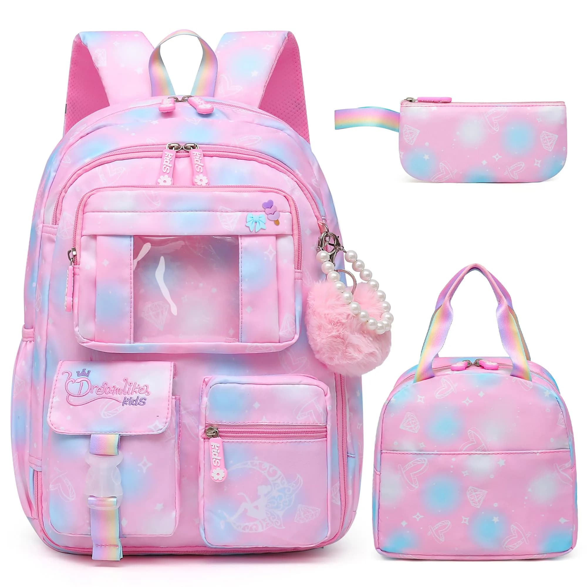 Alrisg Girls Backpack Set with Lunch Bag & Pencil Case | 17 inch (43 cm) 3-Piece School Bookbag for Elementary & Middle School — Pink
