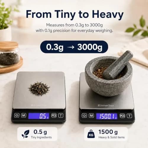K KitchenTour Digital Kitchen Scale 3000g/0.1g Precision | Tare Function, 9 Units, Backlit LCD thumbnail 2