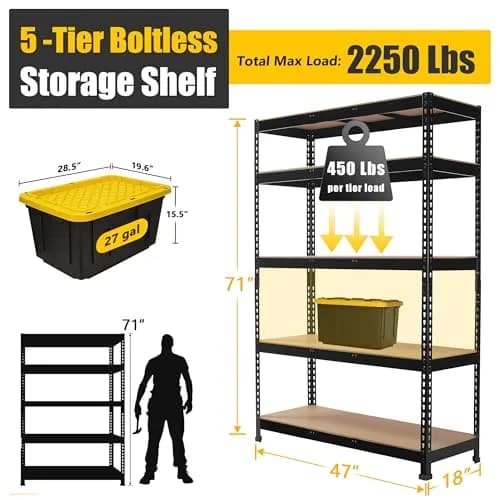 PrimeZone Garage Storage Shelves 47"W x 18"D x 72"H | Heavy Duty 5-Tier Metal Shelving thumbnail 3