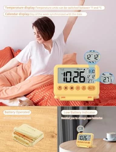 MeesMeek Yellow Digital Travel Alarm Clock 10.2cm (4 inch) | Battery Operated with Snooze & Backlight thumbnail 5