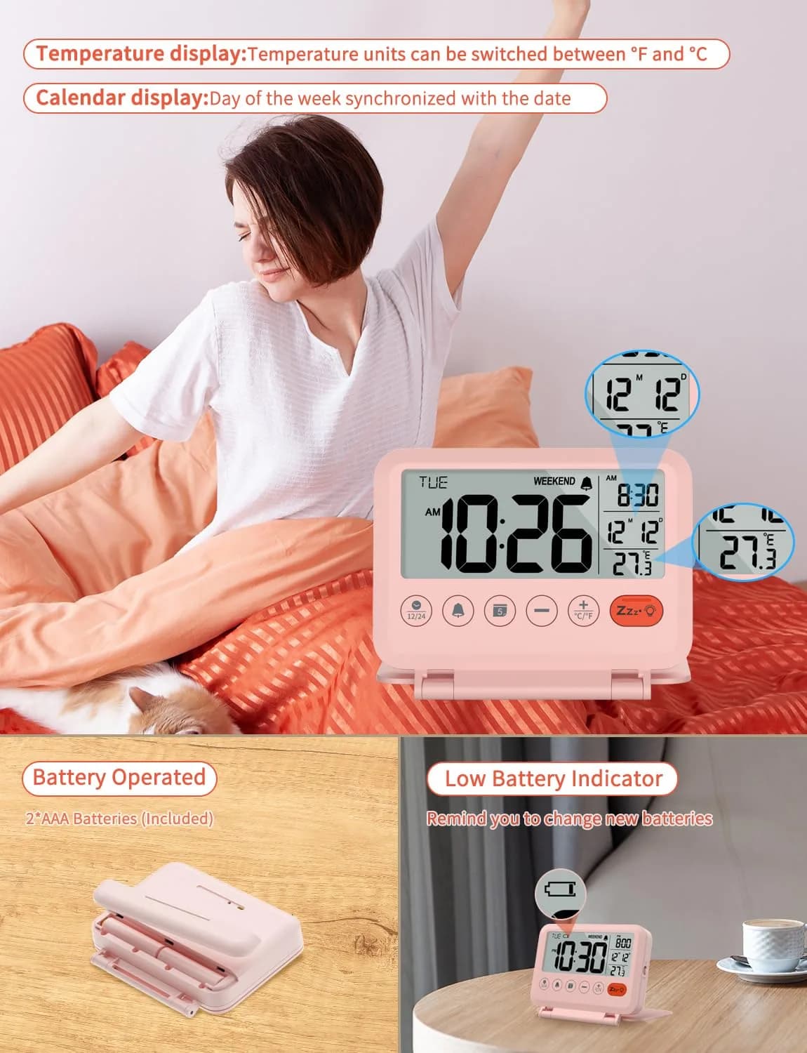 MeesMeek Digital Travel Alarm Clock - 3.54 inch LCD Display, 9-Minute Snooze, 2 Volume Levels, Backlight, Battery Included (Pink) thumbnail 5