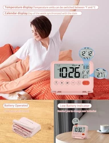 MeesMeek Digital Travel Alarm Clock - 3.54 inch LCD Display, 9-Minute Snooze, 2 Volume Levels, Backlight, Battery Included (Pink) thumbnail 5