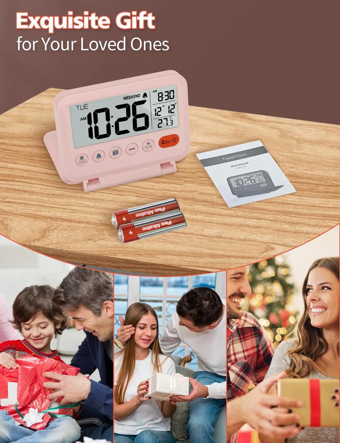 MeesMeek Digital Travel Alarm Clock - 3.54 inch LCD Display, 9-Minute Snooze, 2 Volume Levels, Backlight, Battery Included (Pink) thumbnail 7