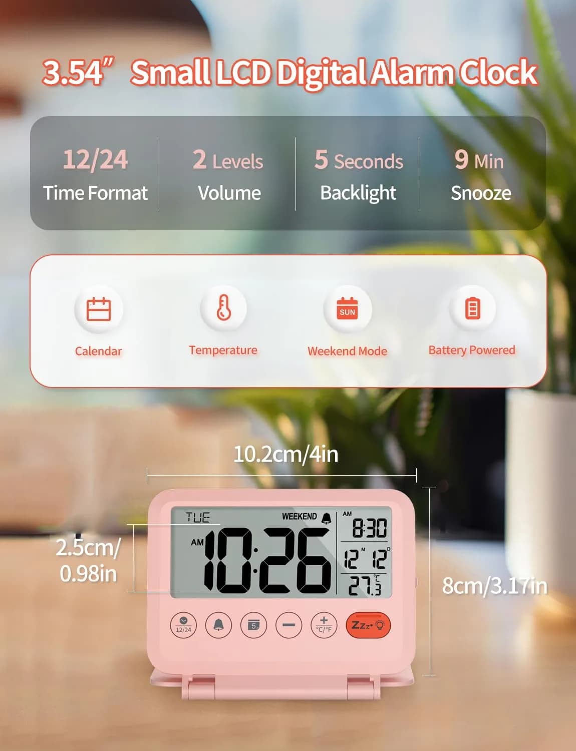 MeesMeek Digital Travel Alarm Clock - 3.54 inch LCD Display, 9-Minute Snooze, 2 Volume Levels, Backlight, Battery Included (Pink) thumbnail 2