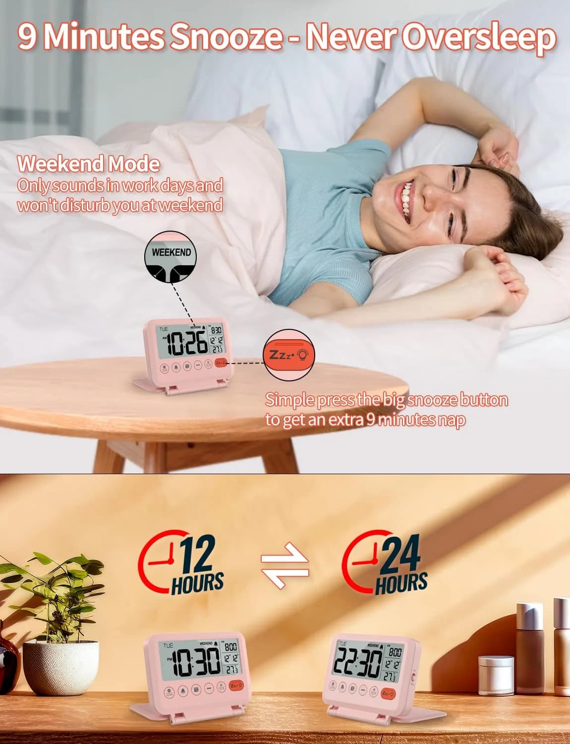 MeesMeek Digital Travel Alarm Clock - 3.54 inch LCD Display, 9-Minute Snooze, 2 Volume Levels, Backlight, Battery Included (Pink) thumbnail 3