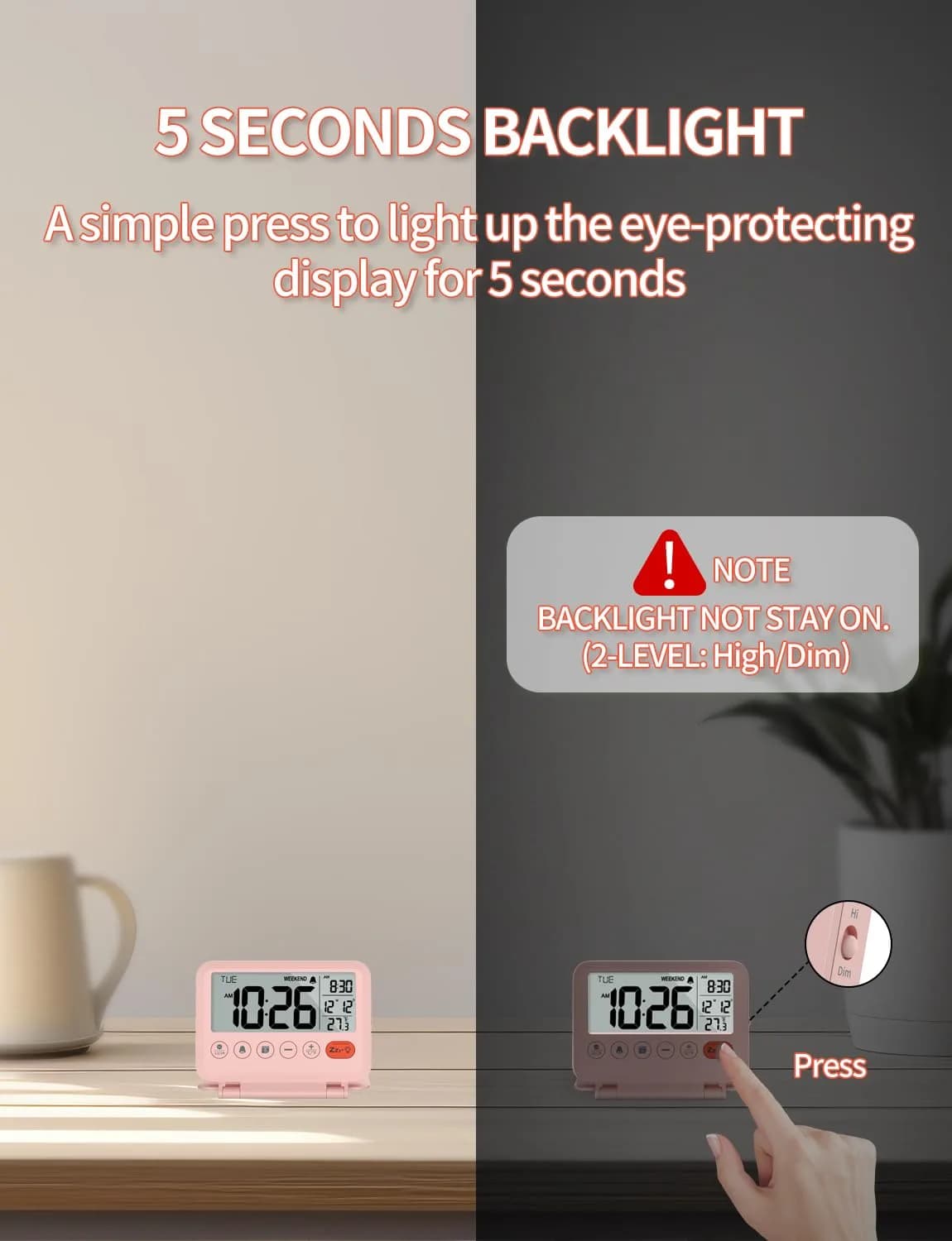 MeesMeek Digital Travel Alarm Clock - 3.54 inch LCD Display, 9-Minute Snooze, 2 Volume Levels, Backlight, Battery Included (Pink) thumbnail 4