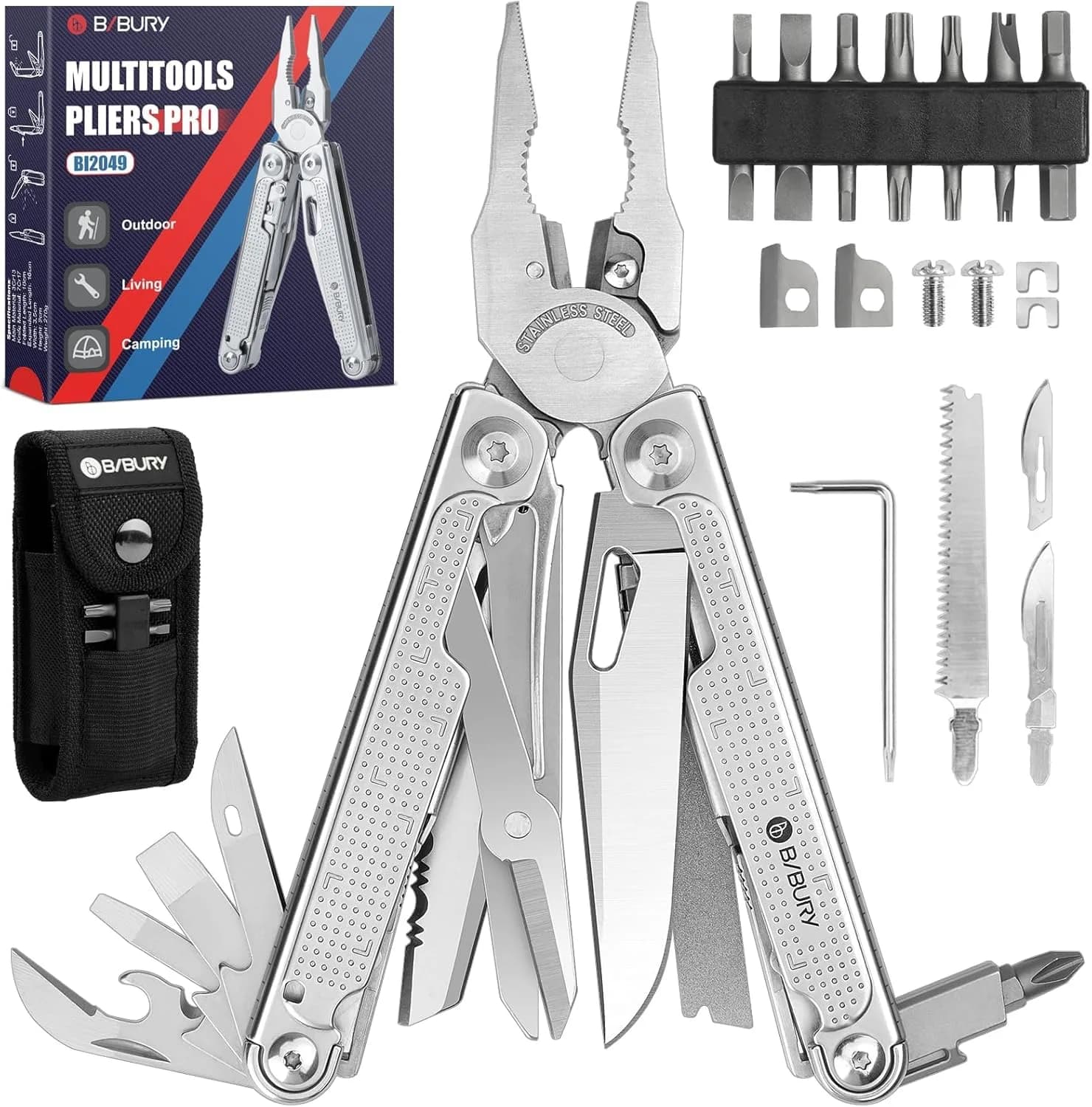 BIBURY Multitool Pliers Pro with 440A Knife & Full Size Scissors | 22-in-1 Professional Multi-Tool for Heavy-Duty Tasks — Silvery