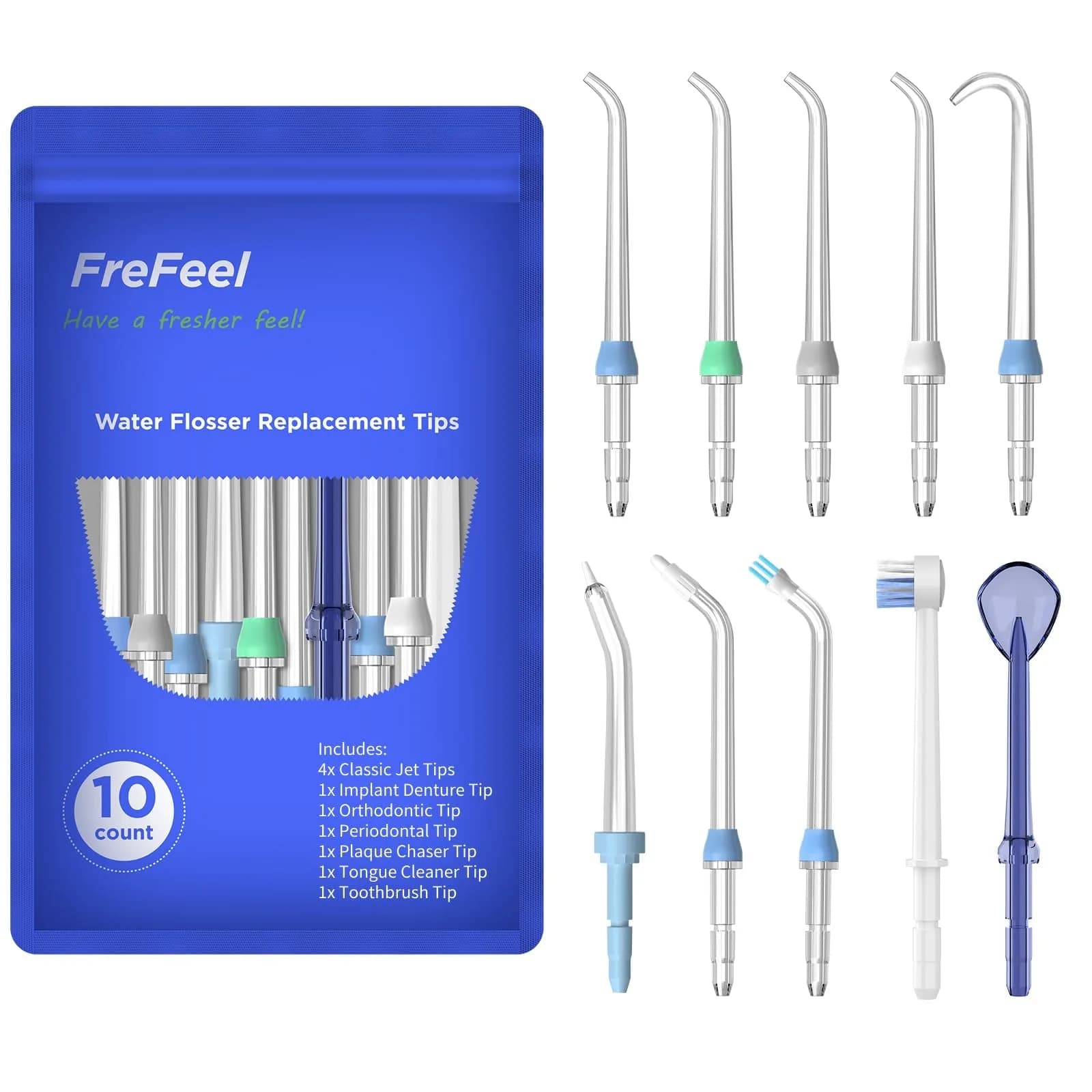 FreFeel Replacement Heads for Waterpik Water Flosser | Compatible with Most Waterpik Models — 10 Combo Tips