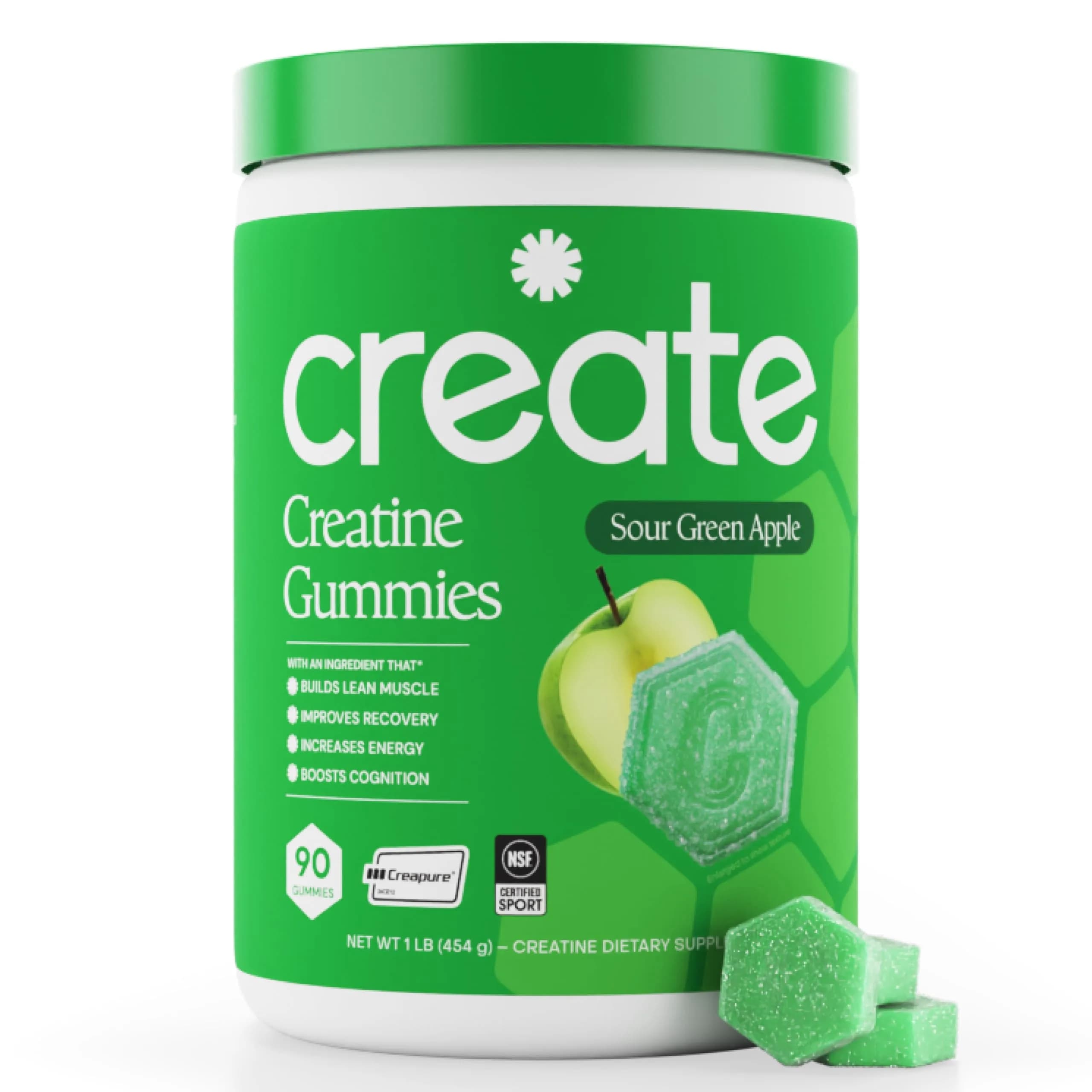 Create Creatine Monohydrate Gummies for Men & Women, Boost Focus, Strength, and Endurance, Anti-Melting Formula, Vegan, Gluten-Free, Non-GMO, 1.5g of Creatine per Gummy (Sour Green Apple) | 90 Count