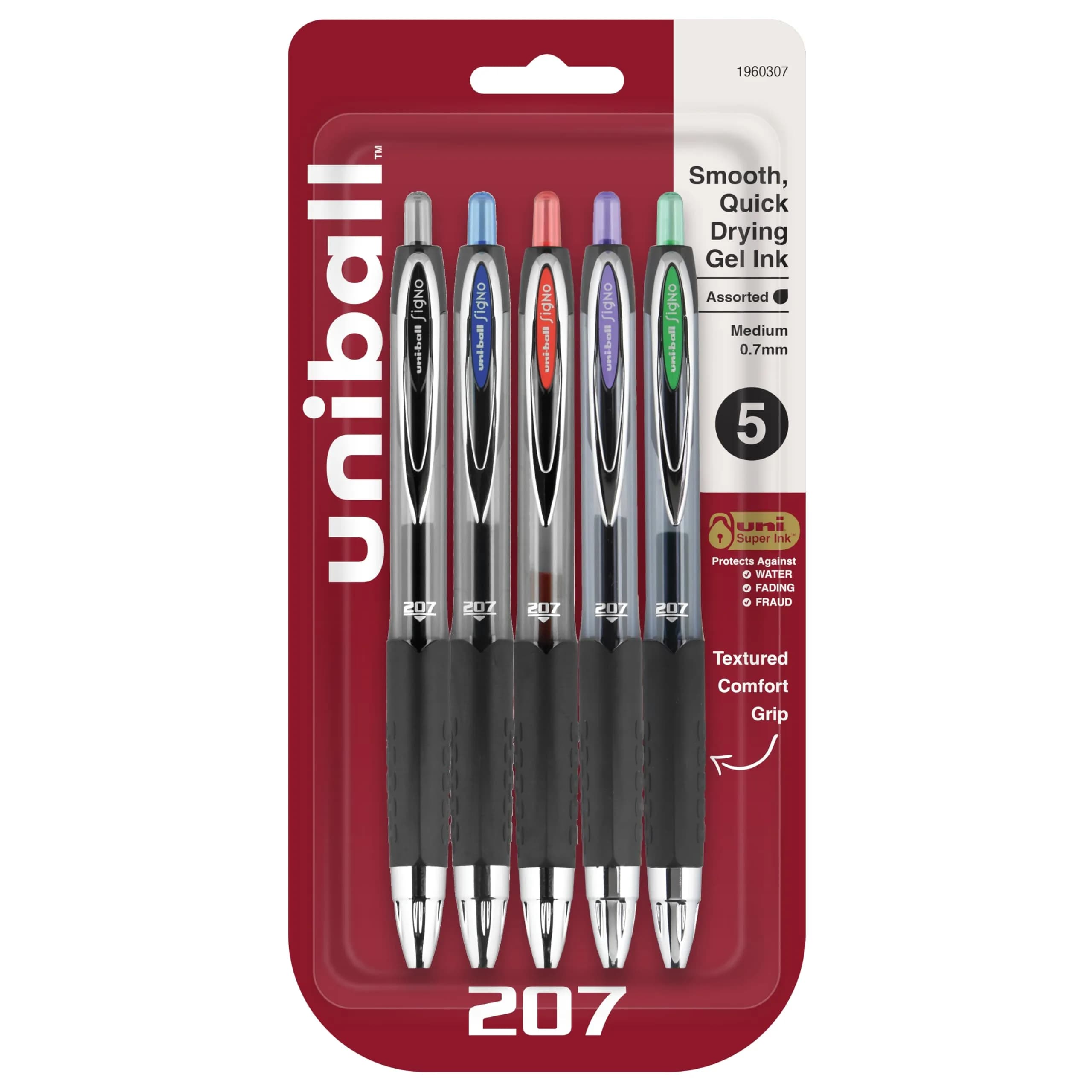 Uni-Ball 207 Retractable Gel Pens, 0.7mm Medium Point, Assorted Ink, 5/Pack | Smooth Ink Flow for Office & Students - main product image