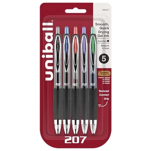 Uni-Ball 207 Retractable Gel Pens, 0.7mm Medium Point, Assorted Ink, 5/Pack | Smooth Ink Flow for Office & Students thumbnail 1