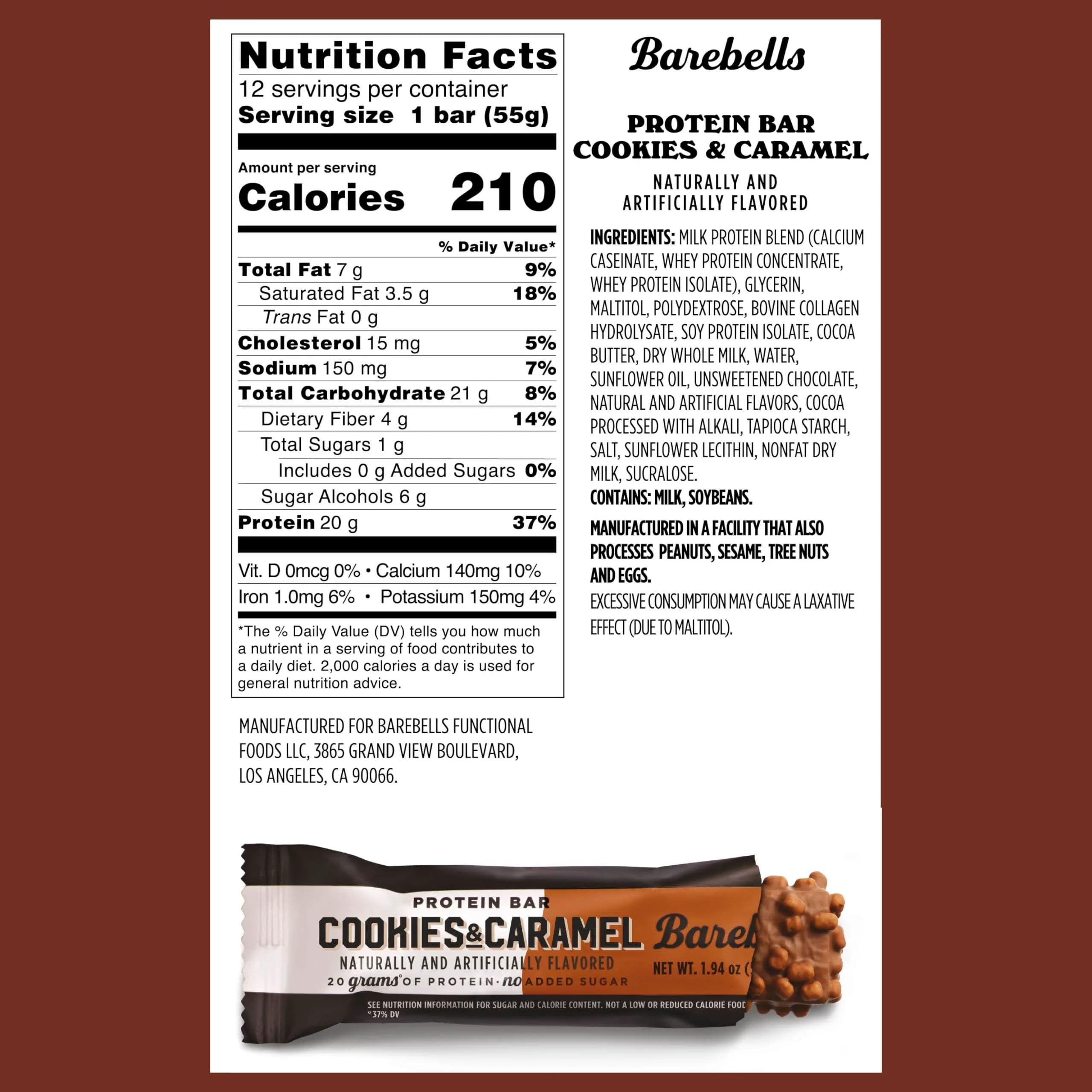 BAREBELLS Cookies and Caramel Protein Bars, 24 Bars (2x12) | 20g High Protein, 1g Sugar, USA Import thumbnail 4