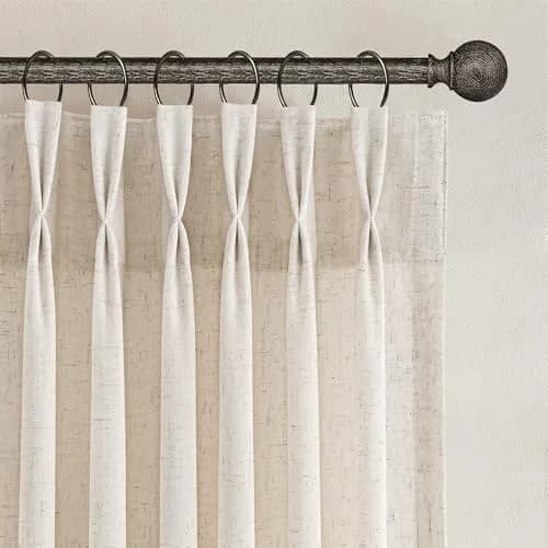 Joywell Pinch Pleated Linen Sheer Curtains 127cm x 213cm (50"W x 84"L) | Semi Light Filtering Elegant Drapes with Hooks — Cream Beige