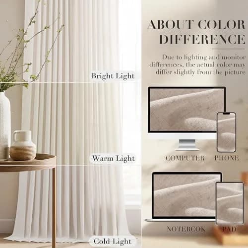 Joywell Pinch Pleated Linen Sheer Curtains 127cm x 213cm (50"W x 84"L) | Semi Light Filtering Elegant Drapes with Hooks thumbnail 6