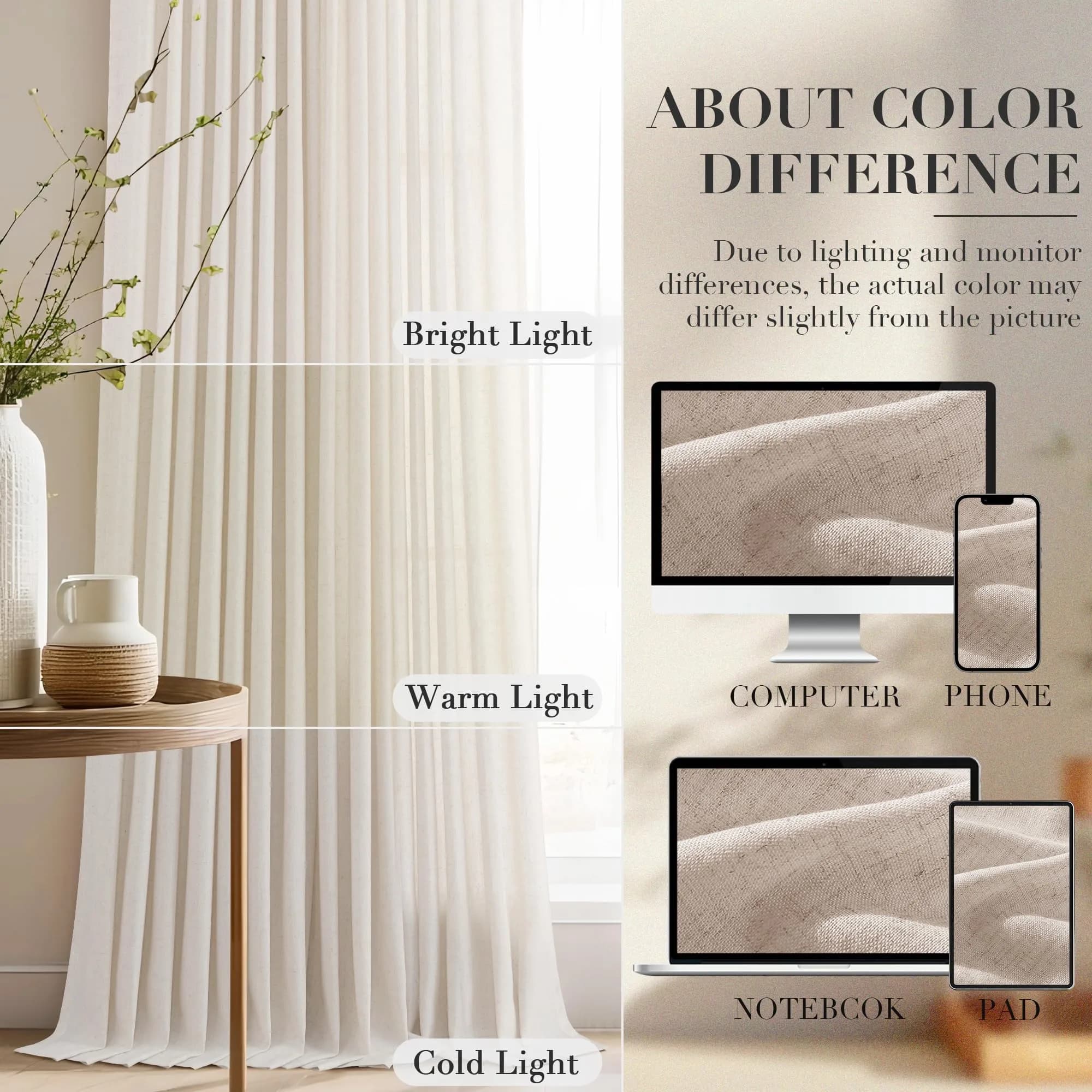 Joywell Pinch Pleated Linen Sheer Curtains 127cm x 213cm (50"W x 84"L) | Semi Light Filtering Elegant Drapes with Hooks - view 6