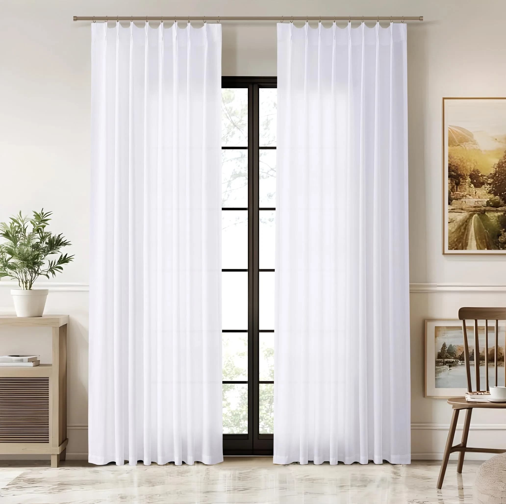 Joywell White Linen Pinch Pleated Curtains 259 cm (102 Inches) Long | Semi Sheer Light Filtering Drapes for Living Room - view 2