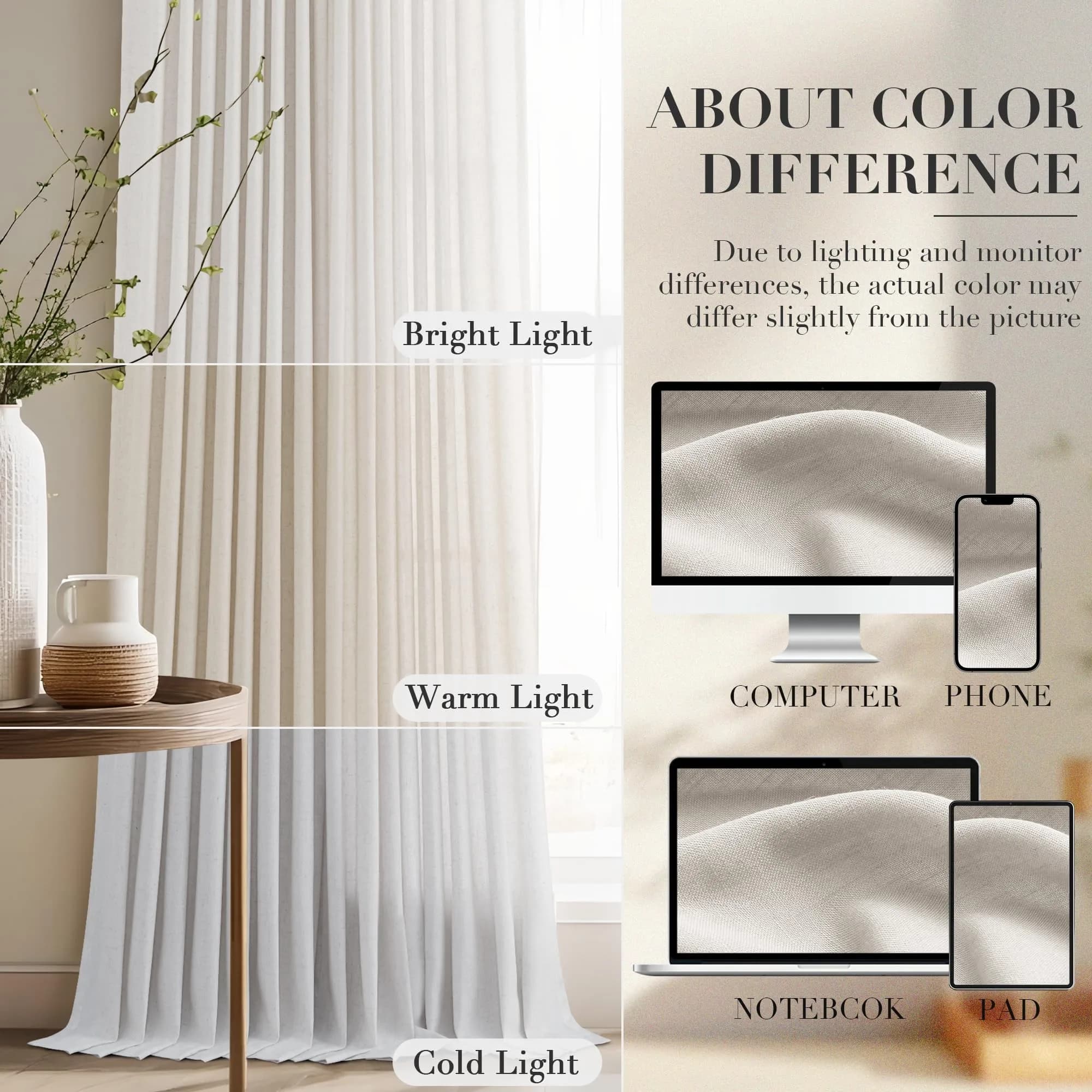 Joywell Extra Long Linen Pinch Pleated Curtains 108 Inches Natural Cream (2 Panels, 100cm x 274cm) - view 5
