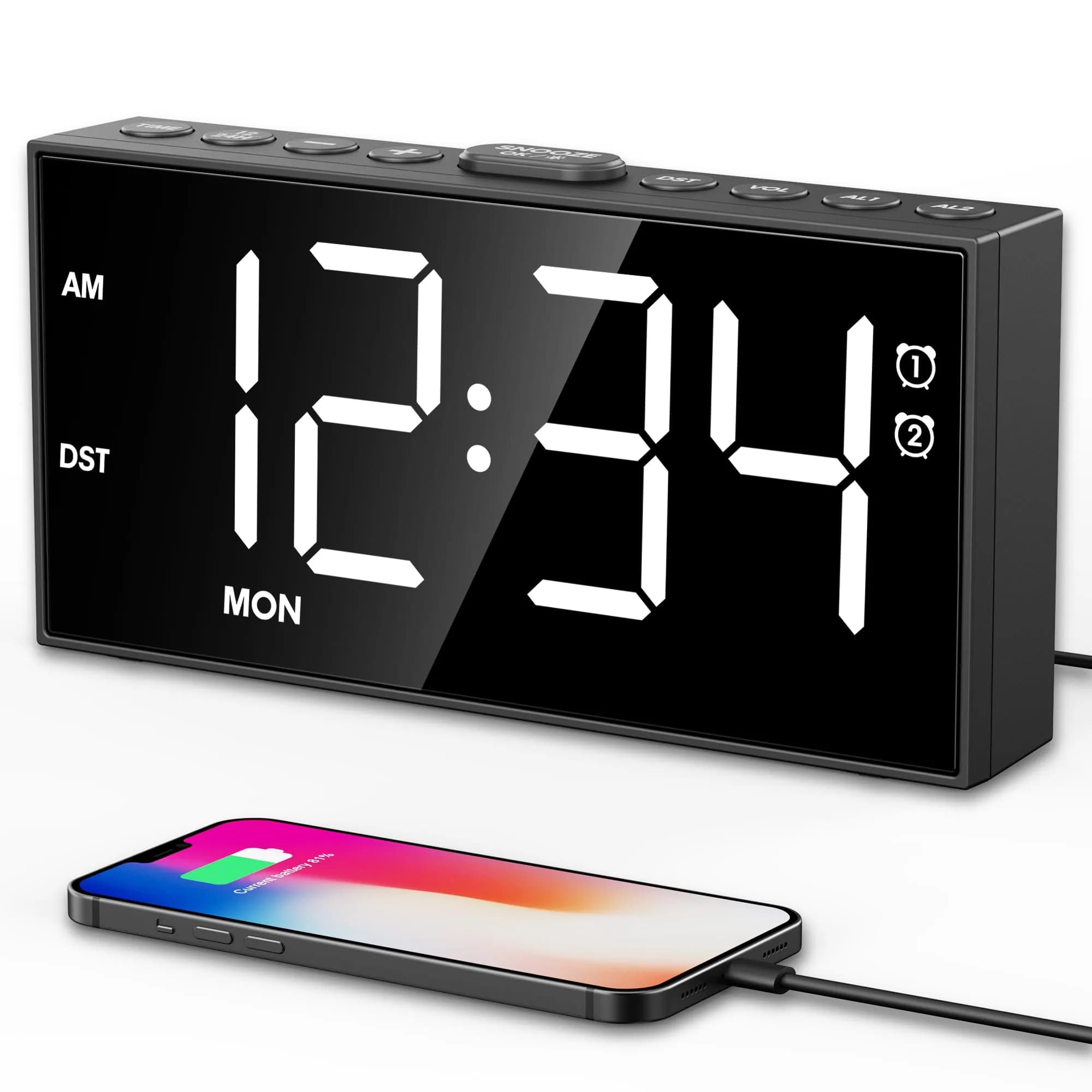 PPLEE Digital Alarm Clock with 7.5-Inch Large LED Display & Dual Alarms | White, Plug-In with USB Charging — White / With Bold Digits