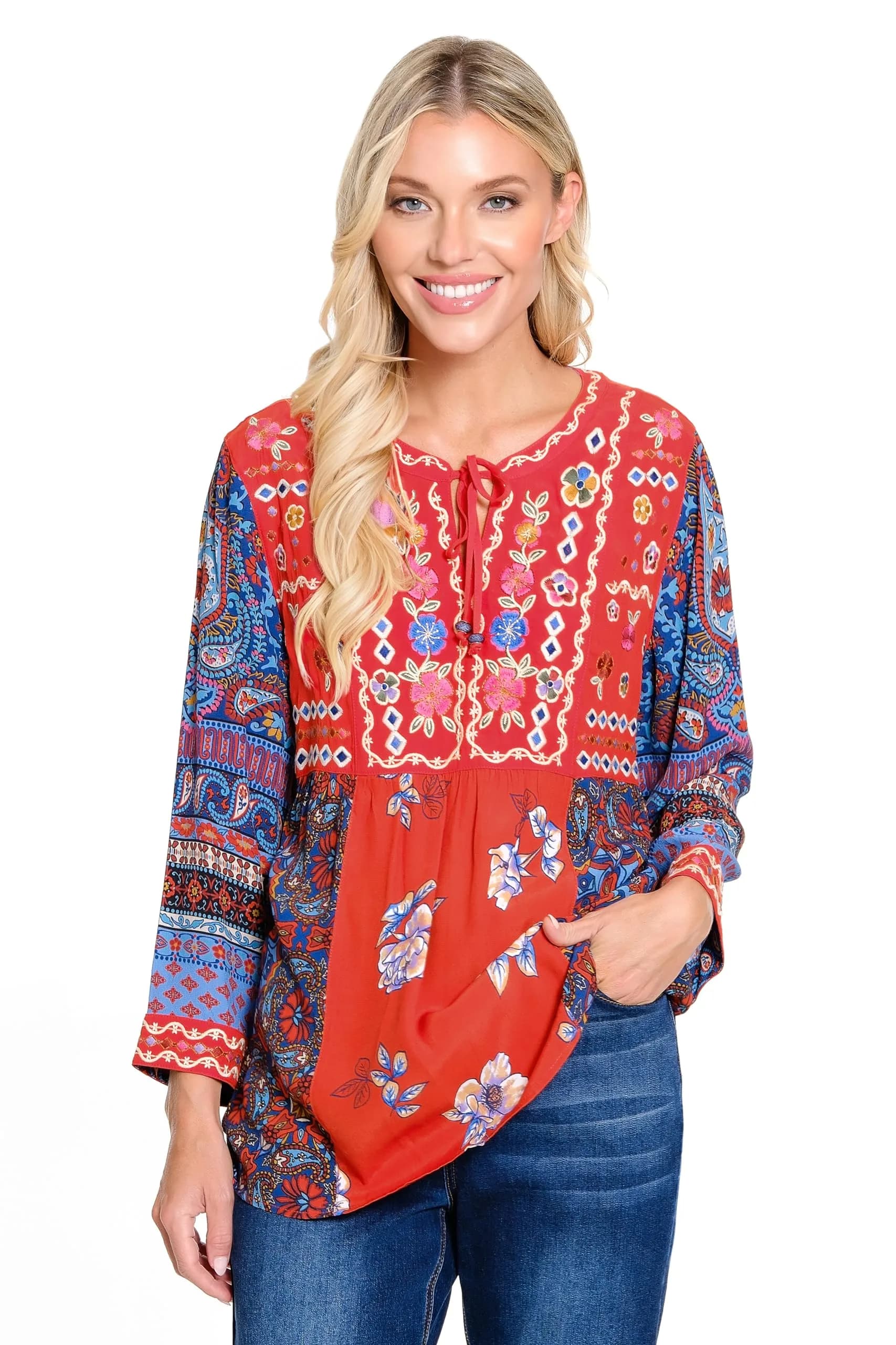 john mark Embroidered Tie Front Multi Print Tunic with Tassel Trim M | 3/4 Sleeve, Rayon, US Size M — Spice Print