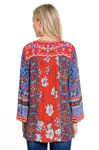john mark Embroidered Tie Front Multi Print Tunic with Tassel Trim M | 3/4 Sleeve, Rayon, US Size M thumbnail 2