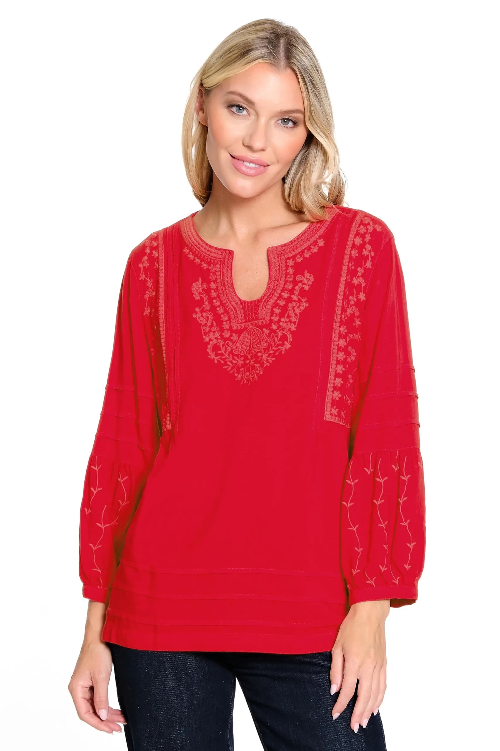 john mark Embroidered V-Neck Tunic with Embroidered Sleeves | Elegant & Comfortable in US Size M