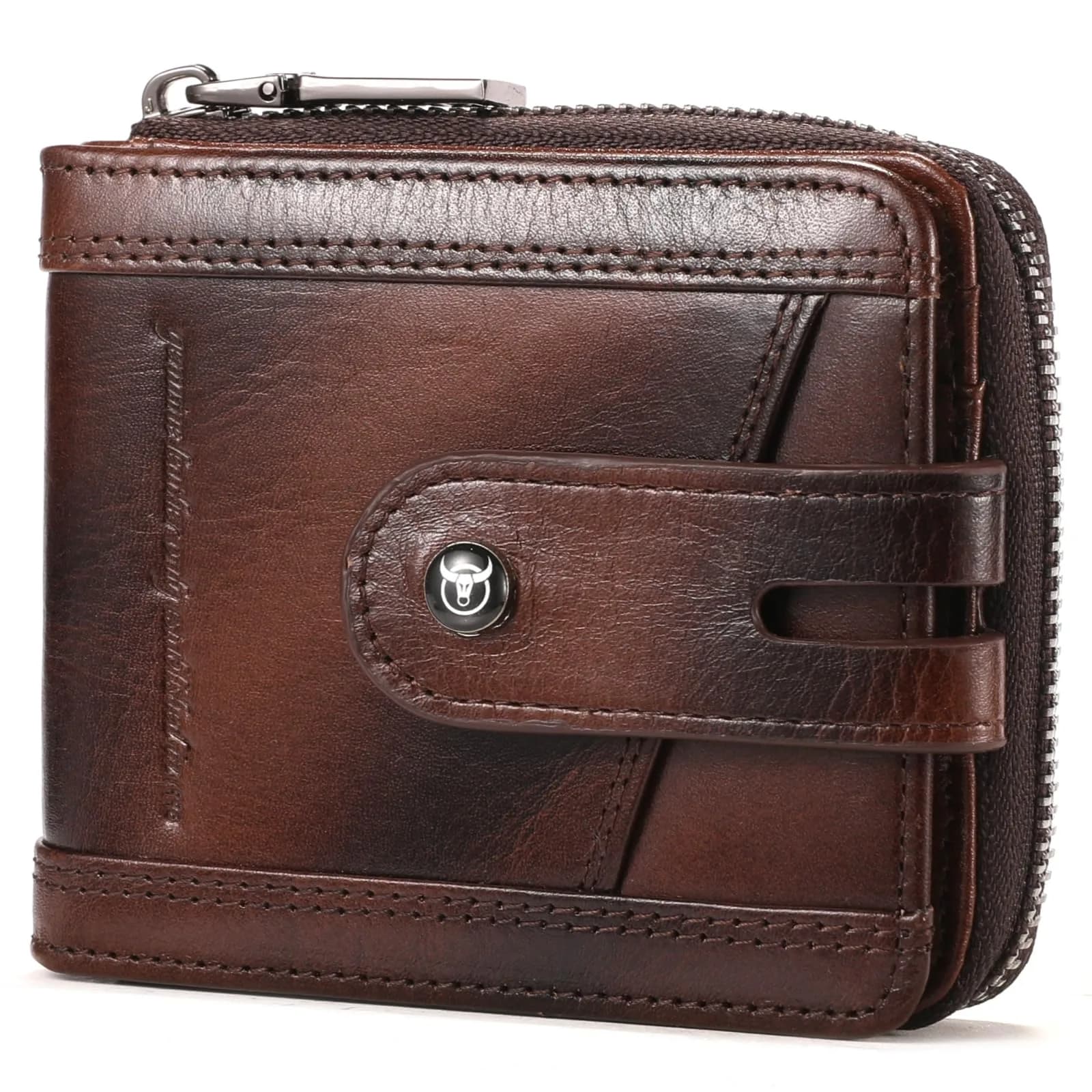 BULLCAPTAIN Genuine Leather Men's RFID Blocking Bifold Wallet T23 Coffee | 14 Card Slots, Zipper Coin Pocket, USA Import — Coffee
