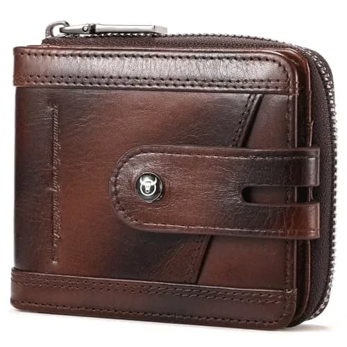 BULLCAPTAIN Genuine Leather Men's RFID Blocking Bifold Wallet T23 Coffee | 14 Card Slots, Zipper Coin Pocket, USA Import thumbnail 1