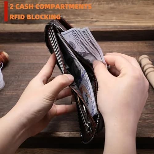 BULLCAPTAIN Genuine Leather Men's RFID Blocking Bifold Wallet T23 Coffee | 14 Card Slots, Zipper Coin Pocket, USA Import thumbnail 5