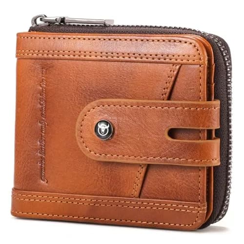 BULLCAPTAIN Genuine Leather Men's Wallet with Zipper T23 Brown | RFID Blocking Top-Grain Cowhide Bifold thumbnail 1