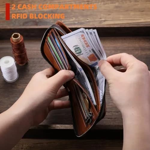 BULLCAPTAIN Genuine Leather Men's Wallet with Zipper T23 Brown | RFID Blocking Top-Grain Cowhide Bifold thumbnail 5