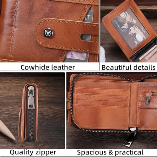 BULLCAPTAIN Genuine Leather Men's Wallet with Zipper T23 Brown | RFID Blocking Top-Grain Cowhide Bifold thumbnail 6