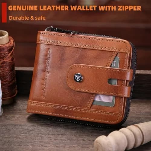 BULLCAPTAIN Genuine Leather Men's Wallet with Zipper T23 Brown | RFID Blocking Top-Grain Cowhide Bifold thumbnail 2