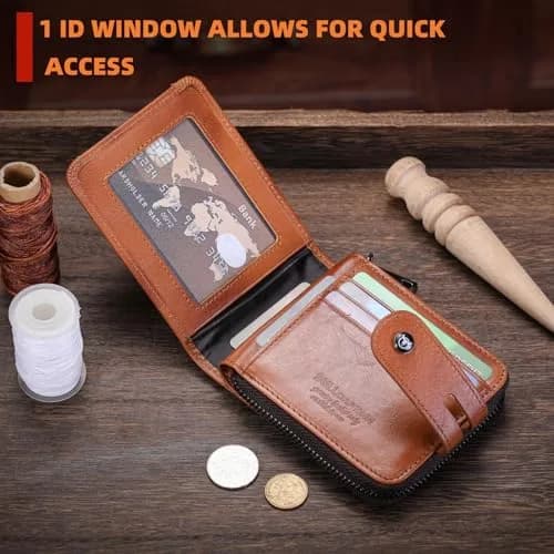 BULLCAPTAIN Genuine Leather Men's Wallet with Zipper T23 Brown | RFID Blocking Top-Grain Cowhide Bifold thumbnail 3