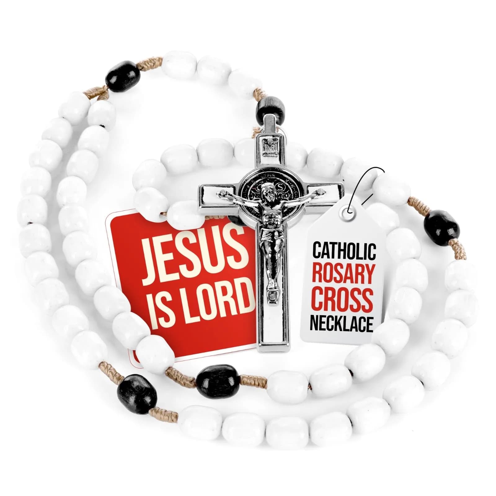 SANCTUM VERITAS White Wood Catholic Rosary Necklace | Large Italian Prayer Beads Gift 21.5 cm (8.5 inches) - main product image