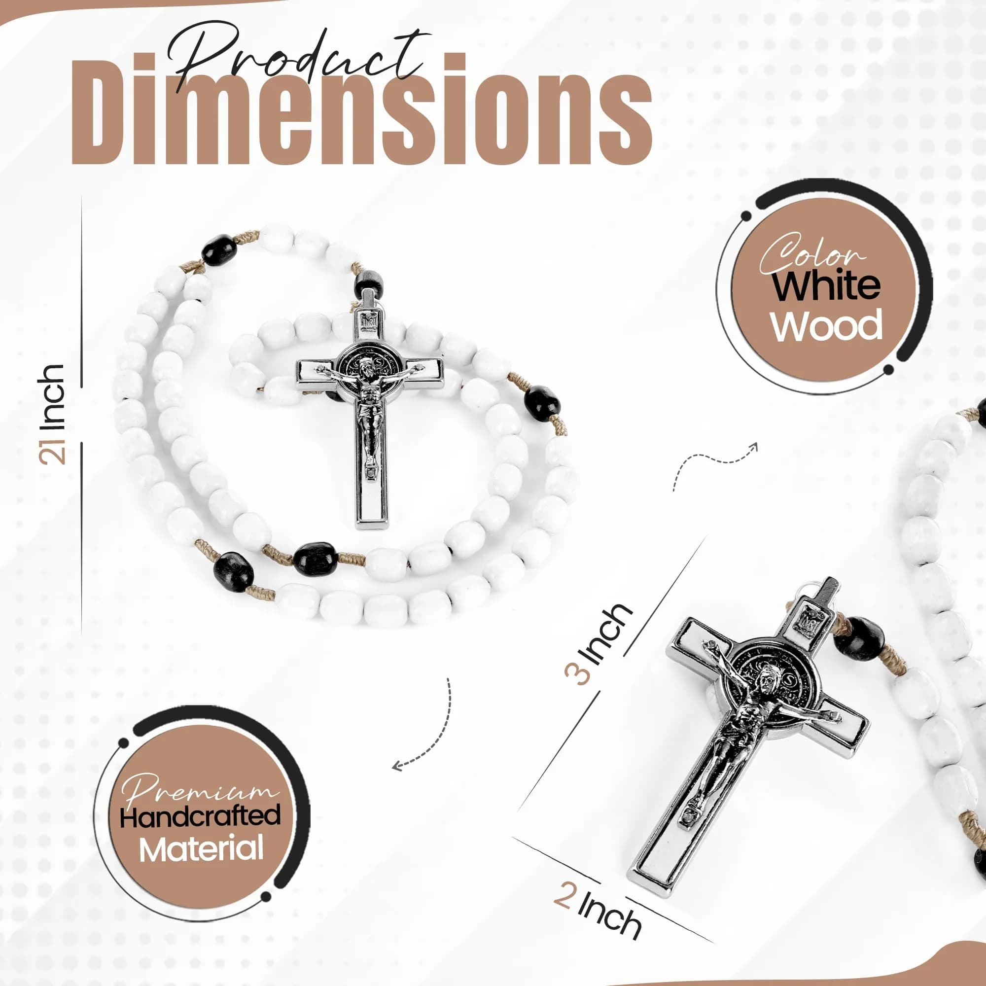 SANCTUM VERITAS White Wood Catholic Rosary Necklace | Large Italian Prayer Beads Gift 21.5 cm (8.5 inches) - view 2