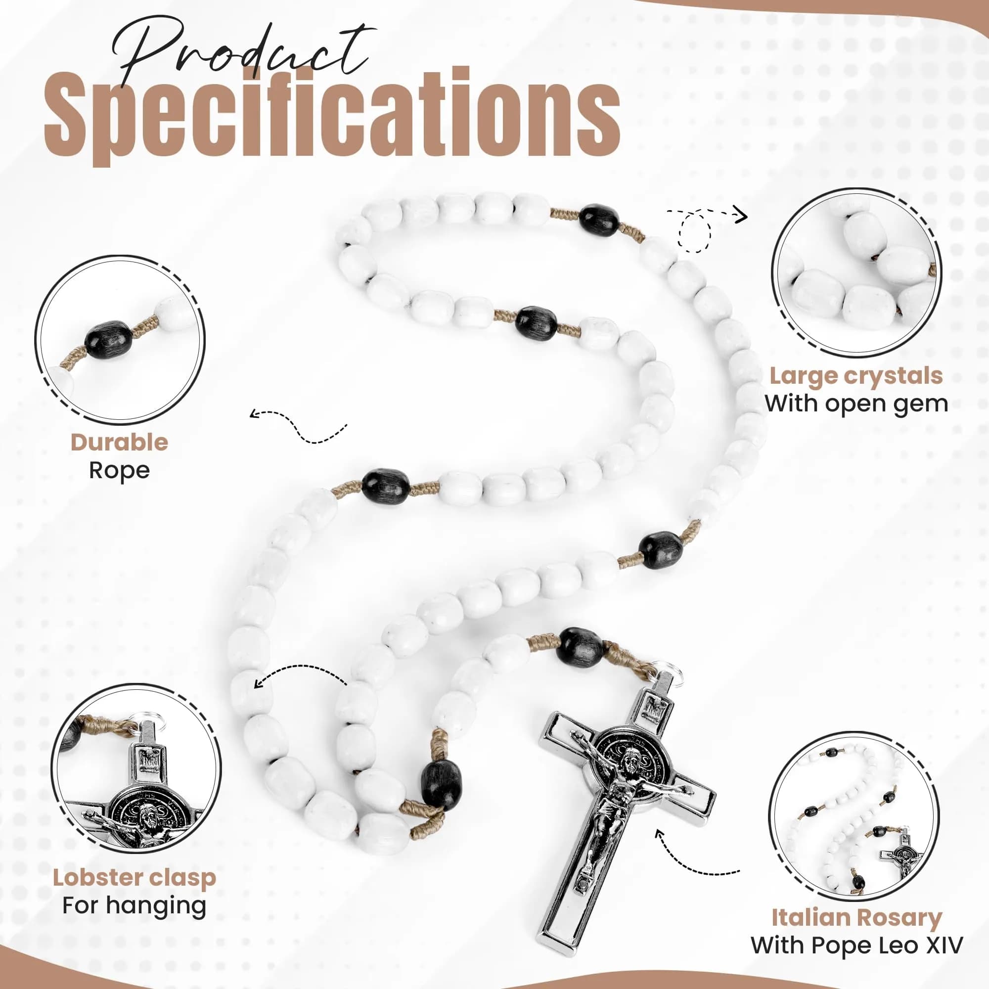 SANCTUM VERITAS White Wood Catholic Rosary Necklace | Large Italian Prayer Beads Gift 21.5 cm (8.5 inches) - view 4