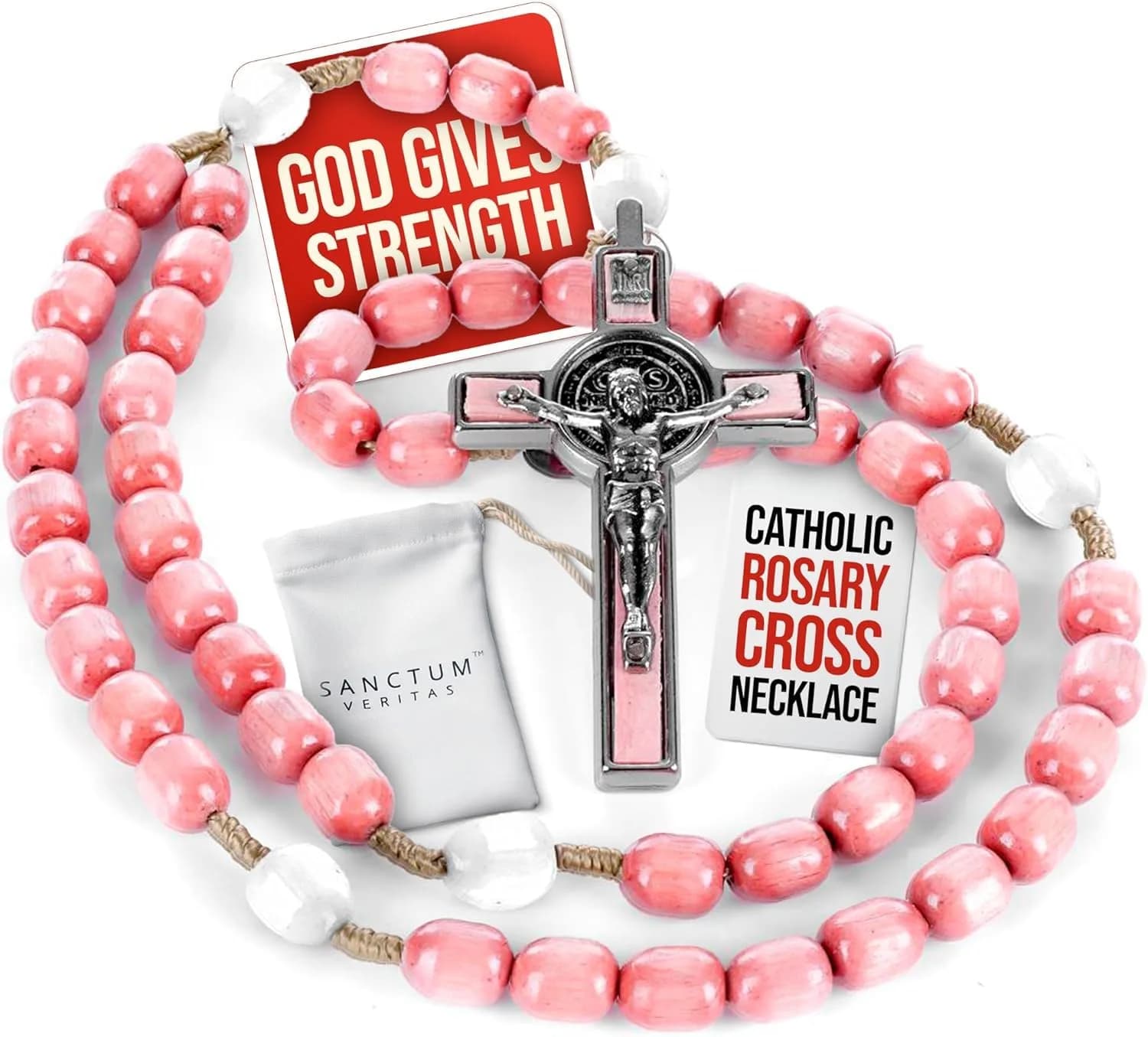 SANCTUM VERITAS Soft Pink Large Italian Catholic Rosary Necklace | 21.5 cm Prayer Beads - main product image