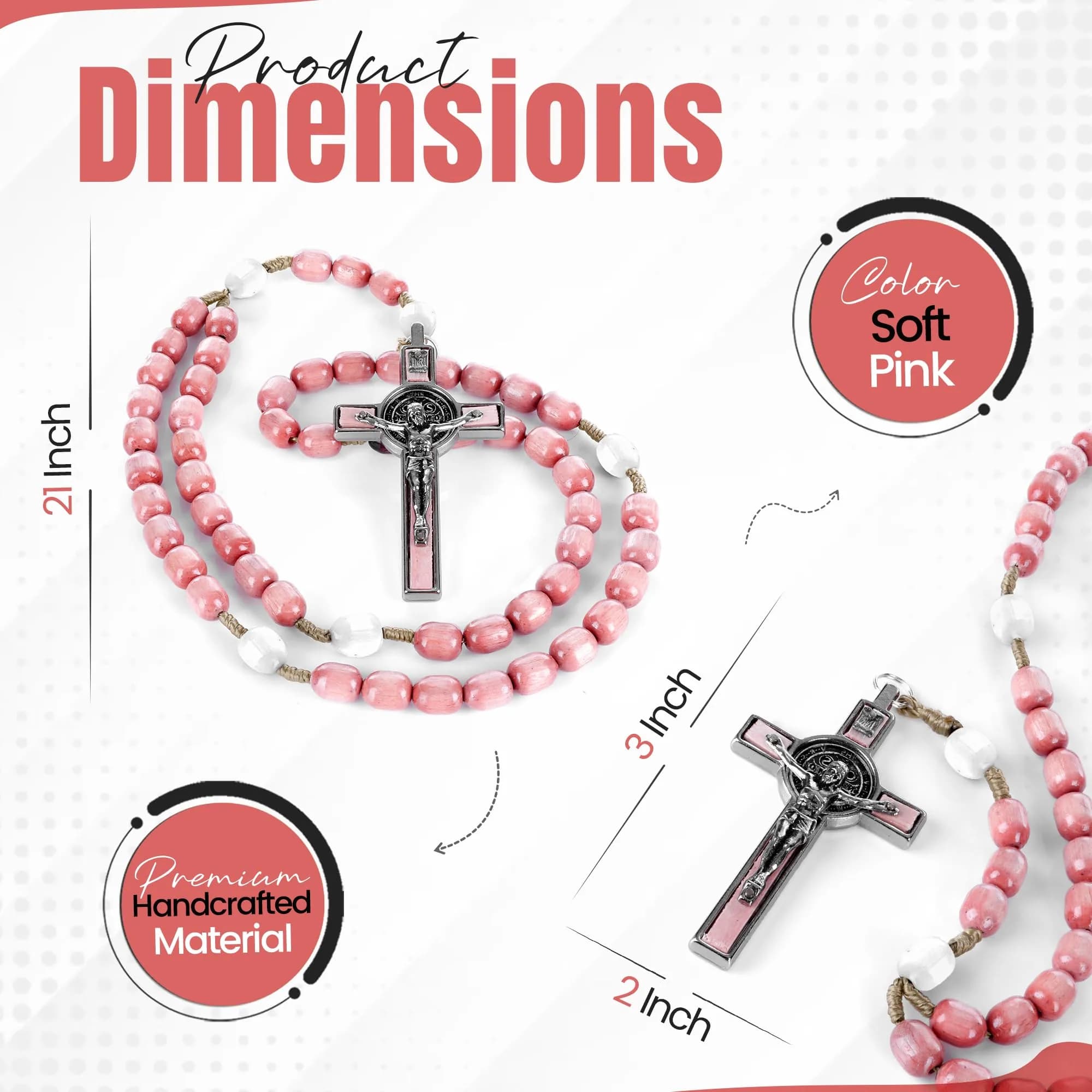 SANCTUM VERITAS Soft Pink Large Italian Catholic Rosary Necklace | 21.5 cm Prayer Beads - view 2