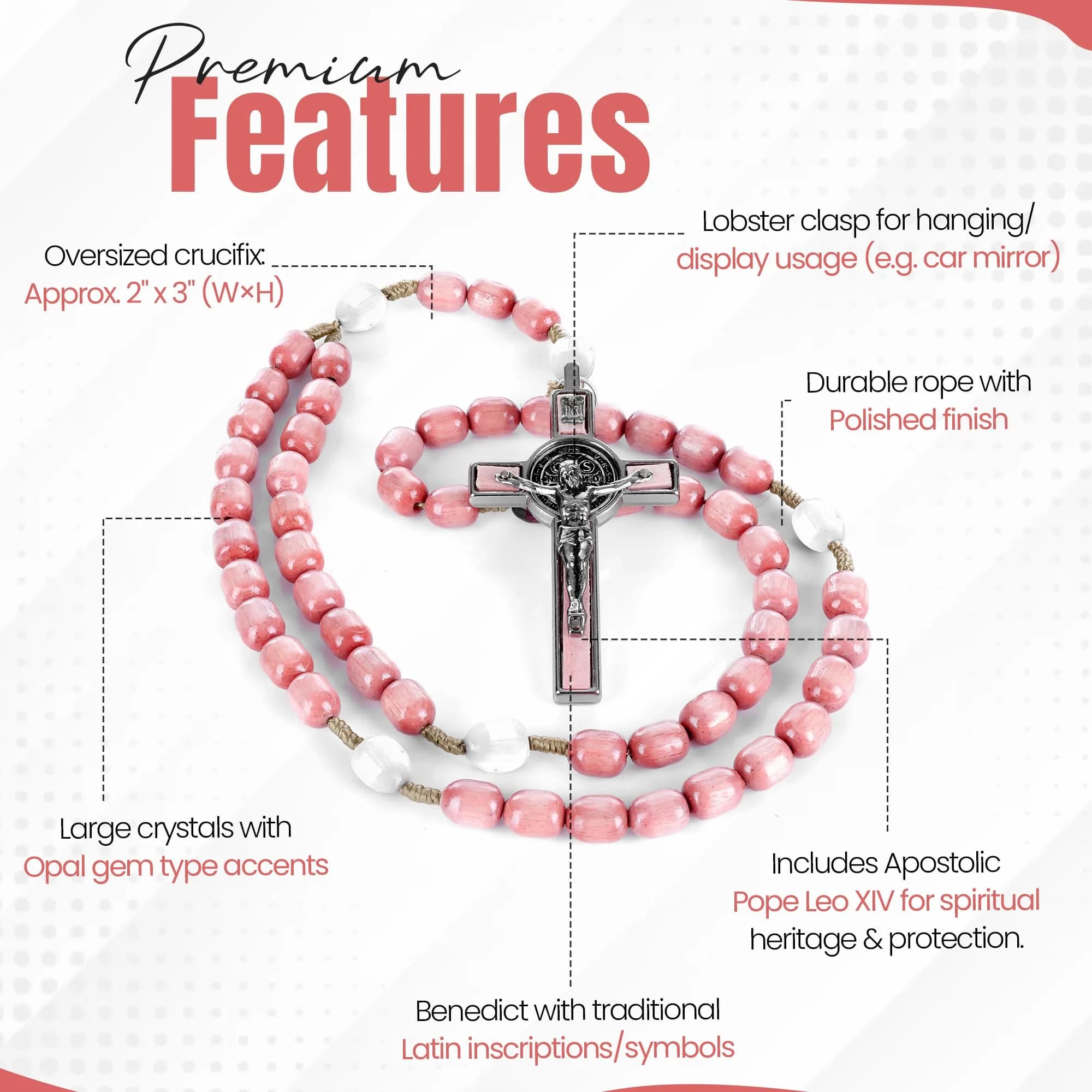 SANCTUM VERITAS Soft Pink Large Italian Catholic Rosary Necklace | 21.5 cm Prayer Beads - view 3