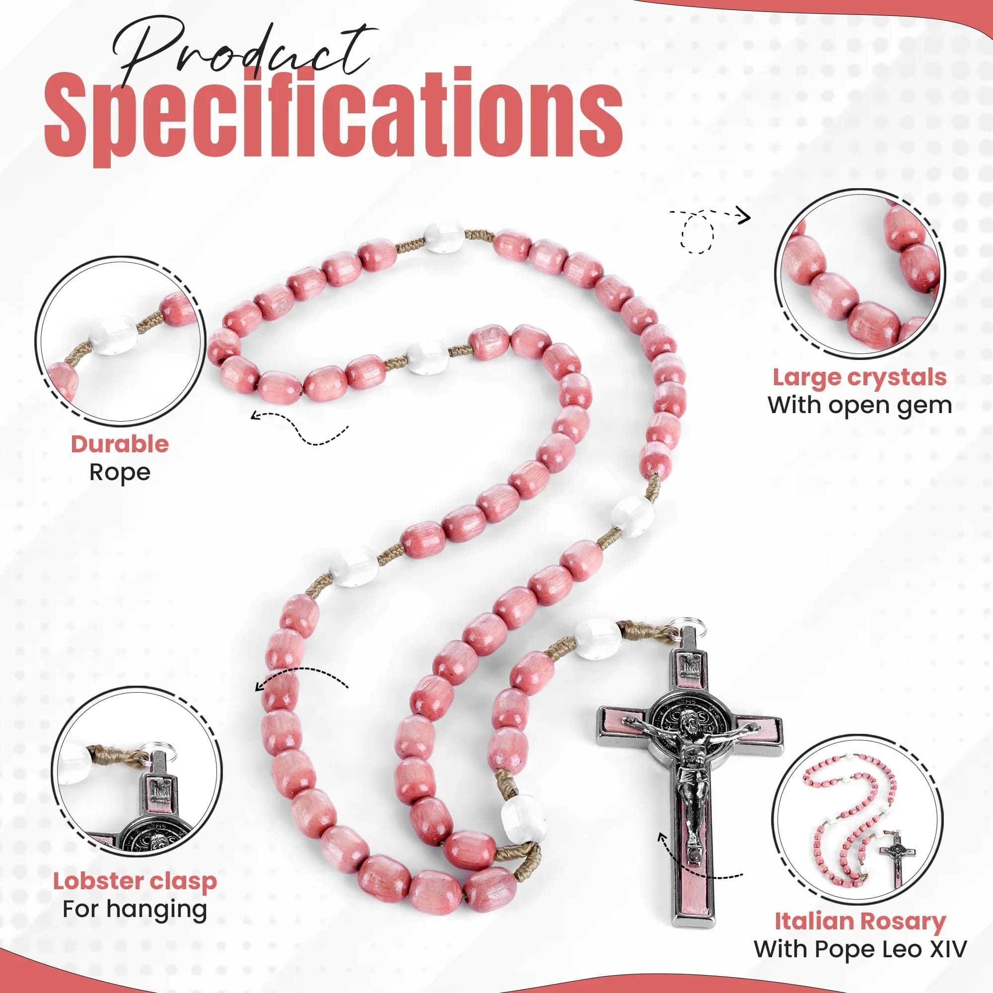 SANCTUM VERITAS Soft Pink Large Italian Catholic Rosary Necklace | 21.5 cm Prayer Beads - view 4