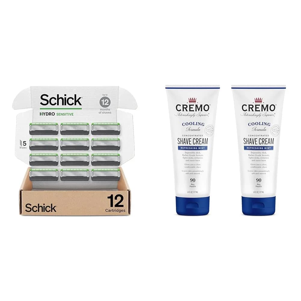 Schick Hydro Sensitive 12 Count Razor Refills & Cremo Cooling Shave Cream | Sensitive Skin Care (70-120 chars)