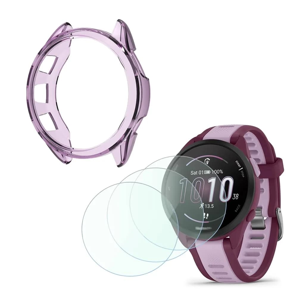 FCMEDZI Smartwatch Screen Protector & Case for Garmin Forerunner 165/165 Music (Violet) | 3-Pack Tempered Glass & TPU Cover — glass+case(Violet)