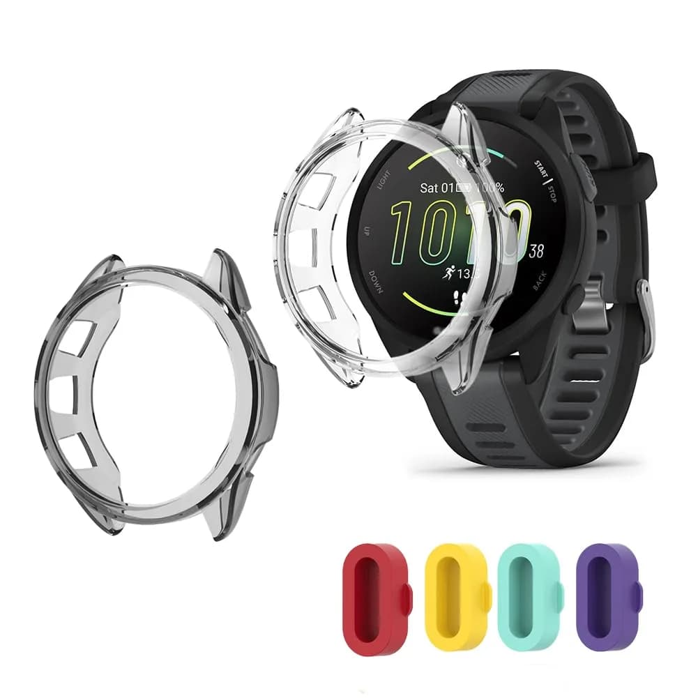FCMEDZI Smart Watch Case for Garmin Forerunner 165 & 165 Music | Pack of 4 Dust Plugs + 2 TPU Cases - main product image