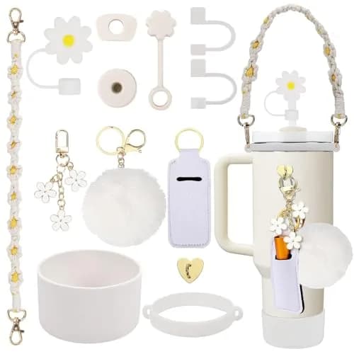 3tyto 13 Pcs Stanley Cup Accessories Set - White Bohemian Woven Handle Strap & Silicone Boot for 30oz & 40oz Tumblers thumbnail 1