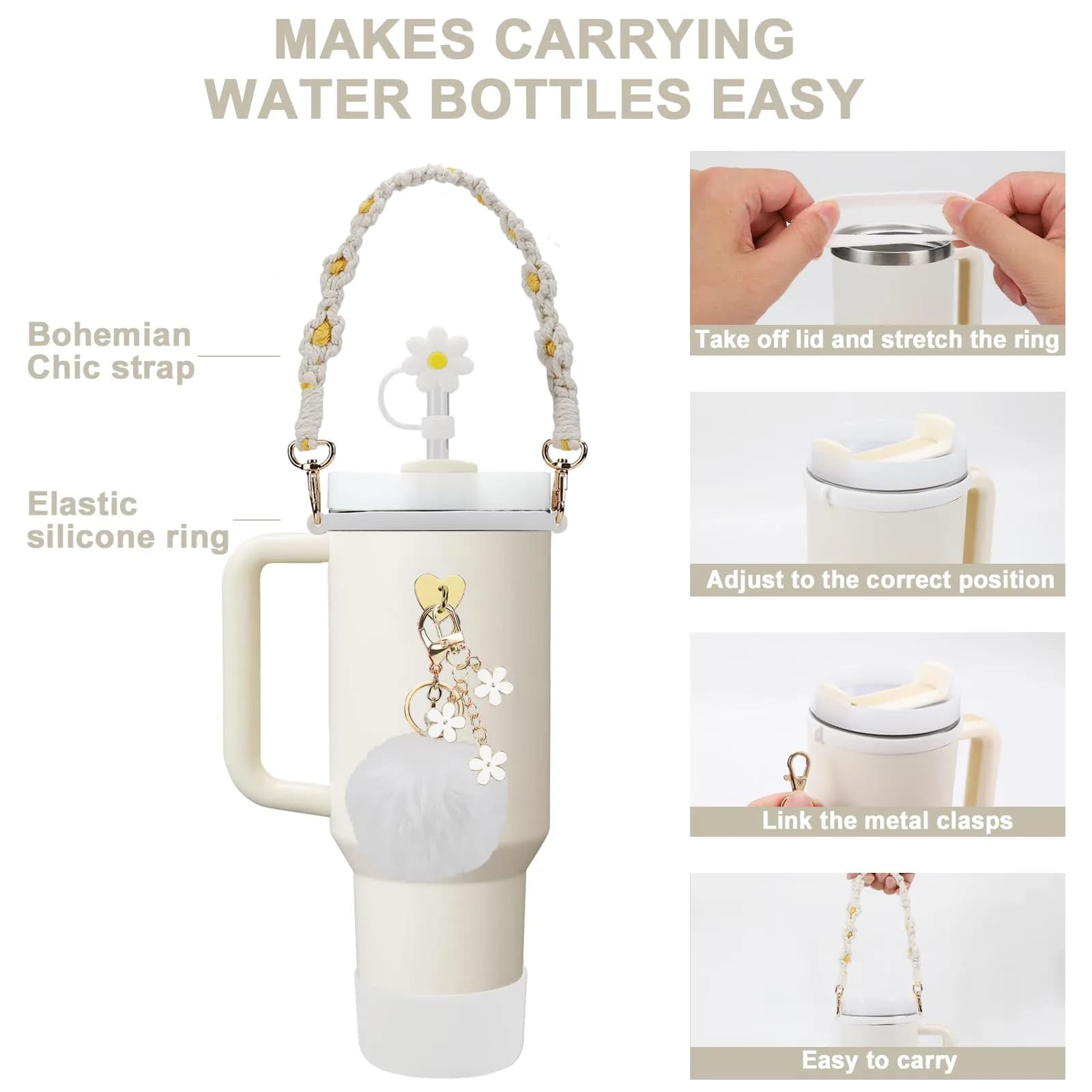 3tyto 13 Pcs Stanley Cup Accessories Set - White Bohemian Woven Handle Strap & Silicone Boot for 30oz & 40oz Tumblers - view 2