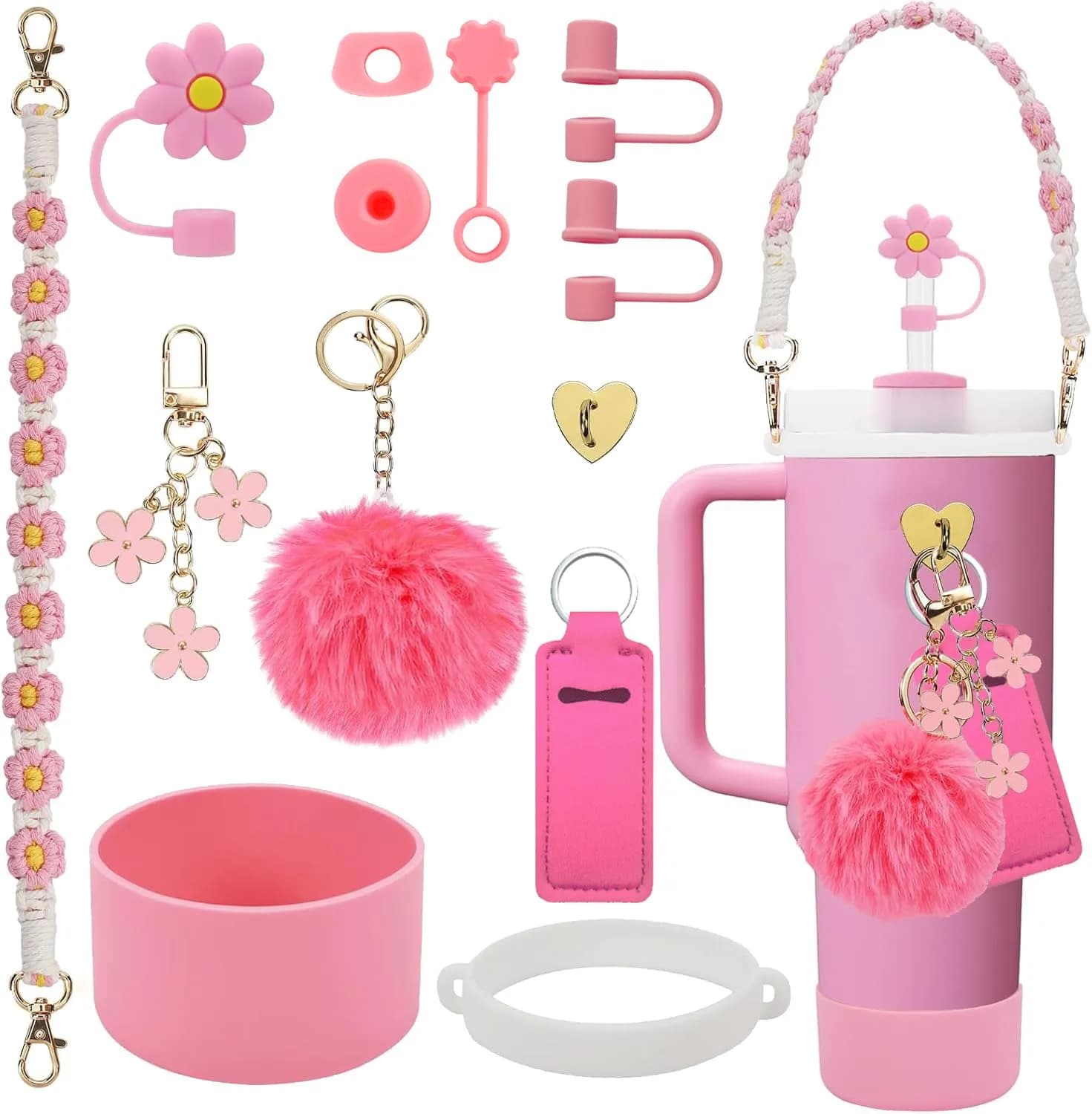 3tyto 13 Pcs Stanley Cup Accessories Set Pink | Bohemian Woven Handle Strap & Silicone Boot for 30oz & 40oz Tumblers - main product image