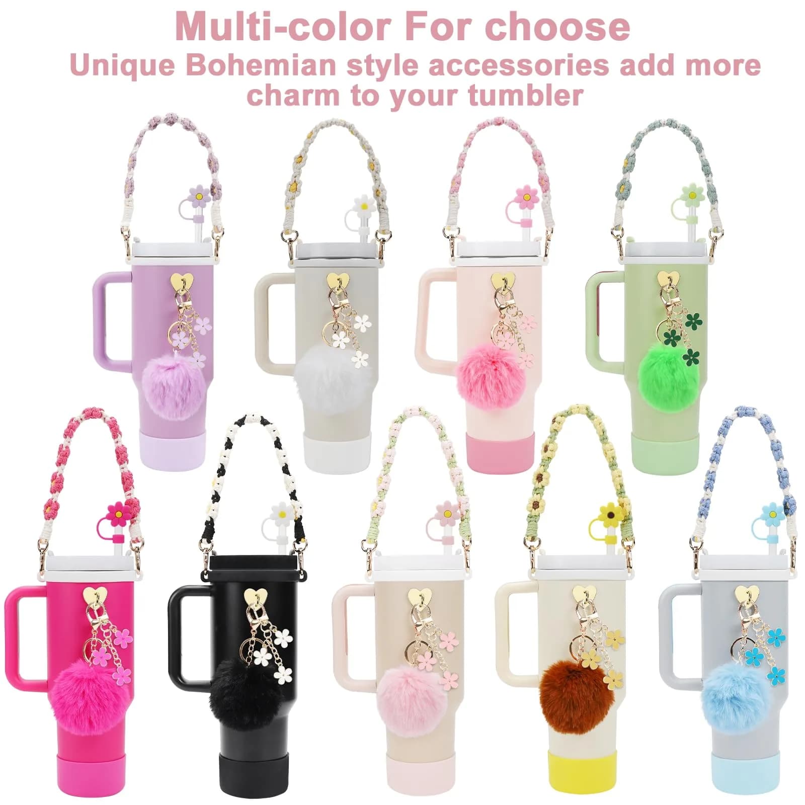 3tyto 13 Pcs Stanley Cup Accessories Set Pink | Bohemian Woven Handle Strap & Silicone Boot for 30oz & 40oz Tumblers - view 6