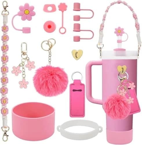 3tyto 13 Pcs Stanley Cup Accessories Set Pink | Bohemian Woven Handle Strap & Silicone Boot for 30oz & 40oz Tumblers thumbnail 1