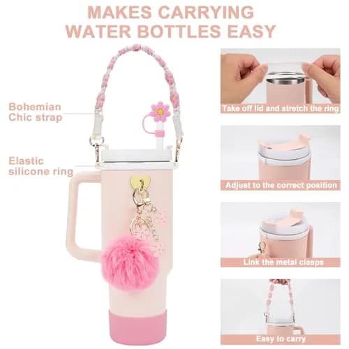 3tyto 13 Pcs Stanley Cup Accessories Set Pink | Bohemian Woven Handle Strap & Silicone Boot for 30oz & 40oz Tumblers thumbnail 2