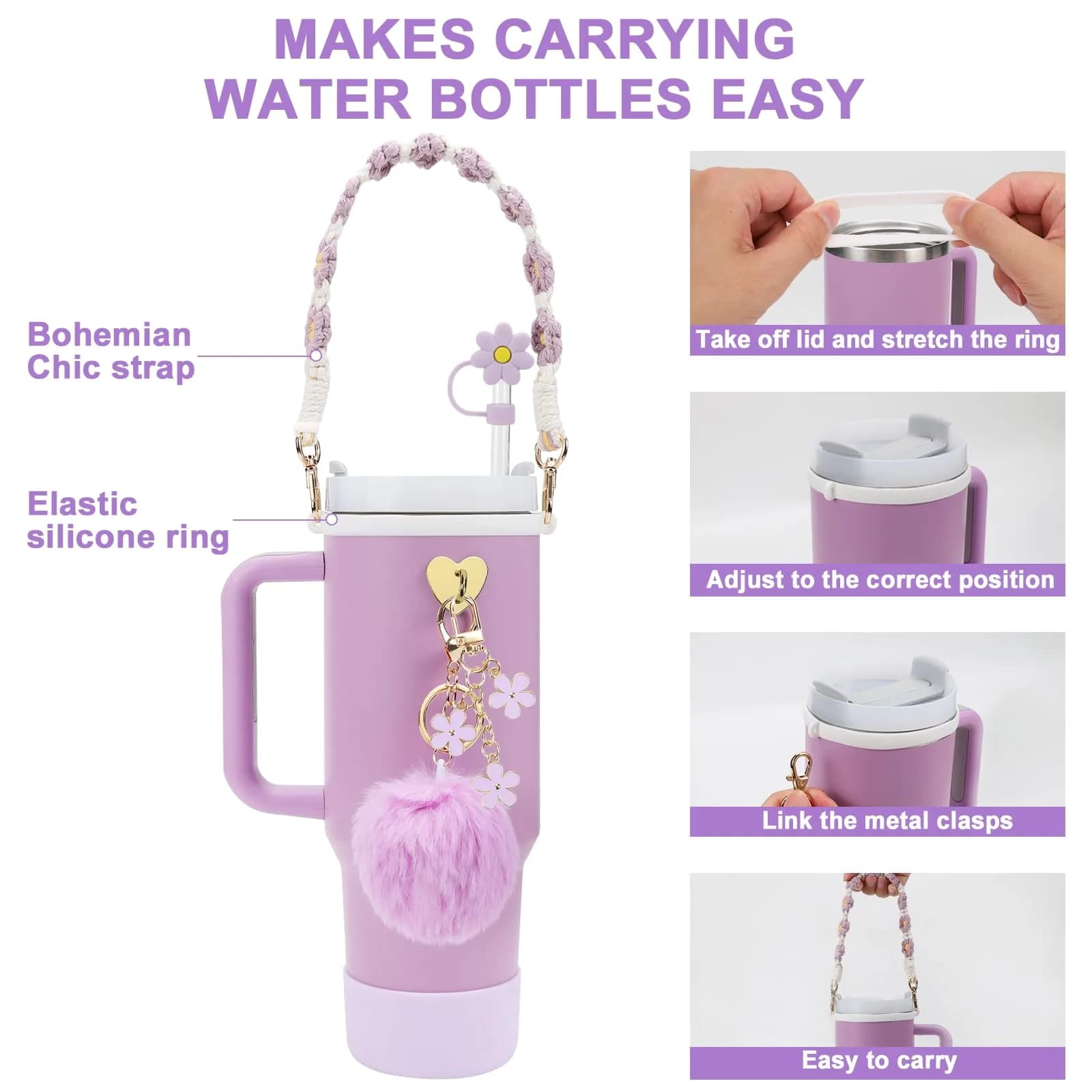 3tyto 13 Pcs Purple Stanley Cup Accessories Set with Handle Strap & Silicone Boot for 30oz & 40oz Tumblers - view 2